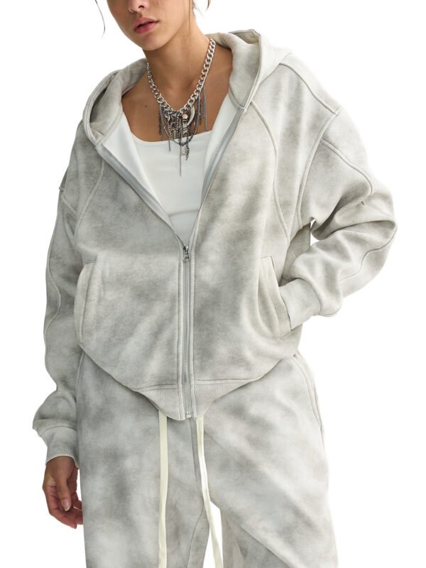 Dirty Washed Boxy Zip-up Fleece Hoodie - Image 6