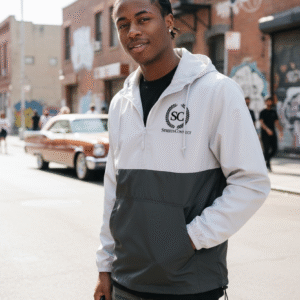 Laurels Lightweight Quarter Zip Pullover Windbreaker in White/Navy