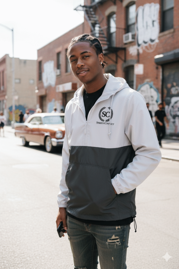 Laurels Lightweight Quarter Zip Pullover Windbreaker in White/Navy