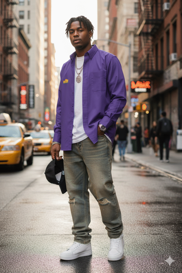Gold Logo On Purple Button Down