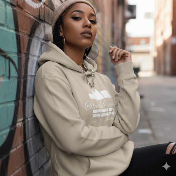 White Classic Logo On Sandstone Avenue Pullover Hooded Sweatshirt