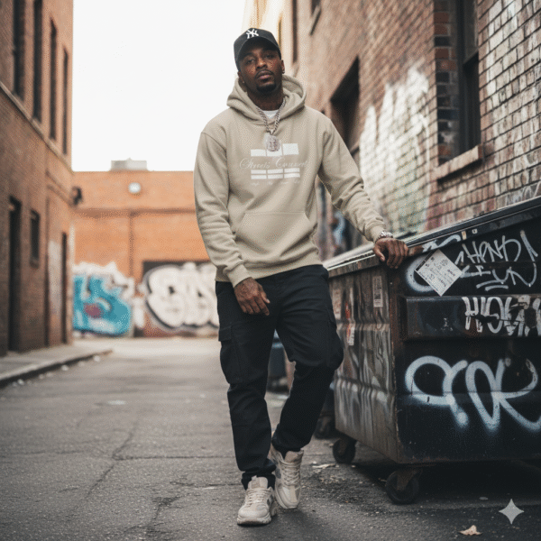 White Classic Logo On Sandstone Avenue Pullover Hooded Sweatshirt - Image 3