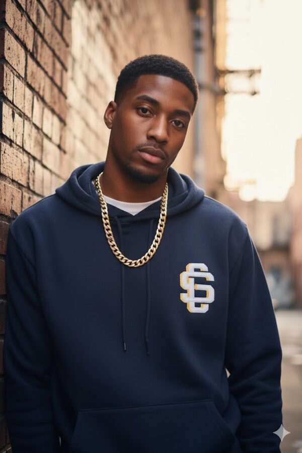 League Gold/White Logo On Navy Heavyweight Hoodie - Image 4