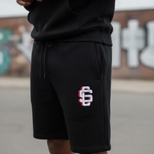 League Red/White Logo On Black Midweight Fleece Shorts
