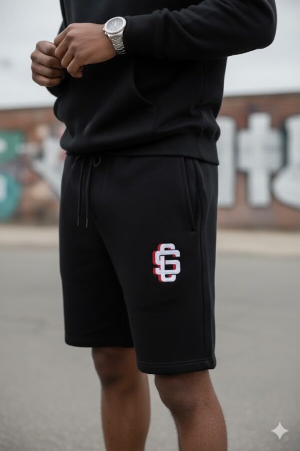 League Red/White Logo On Black Midweight Fleece Shorts